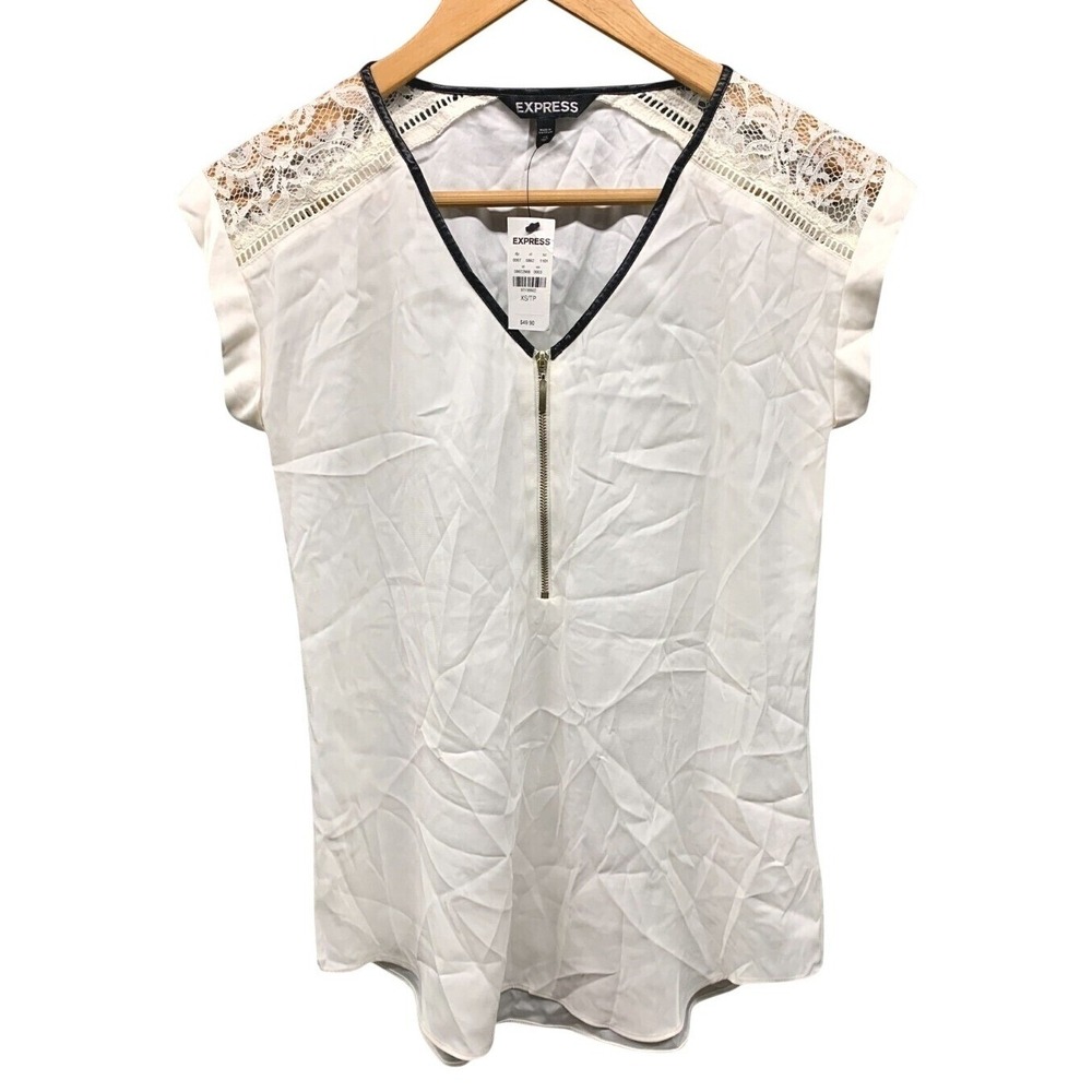 Express Lace Shoulder 1/4 Zip V Neck Blouse Top Womens XS White Casual Chic NWT